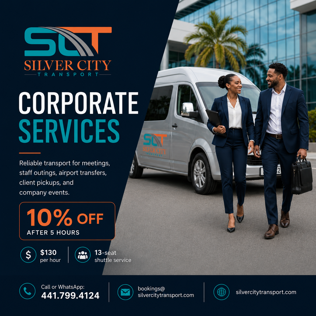 Corporate Services flyer — 10% off after 5 hours