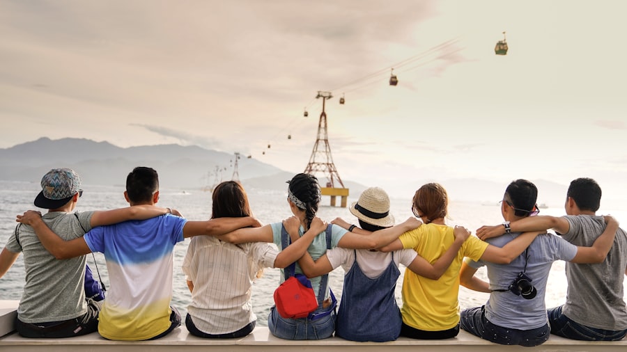 A group of friends together by the water on an island outing