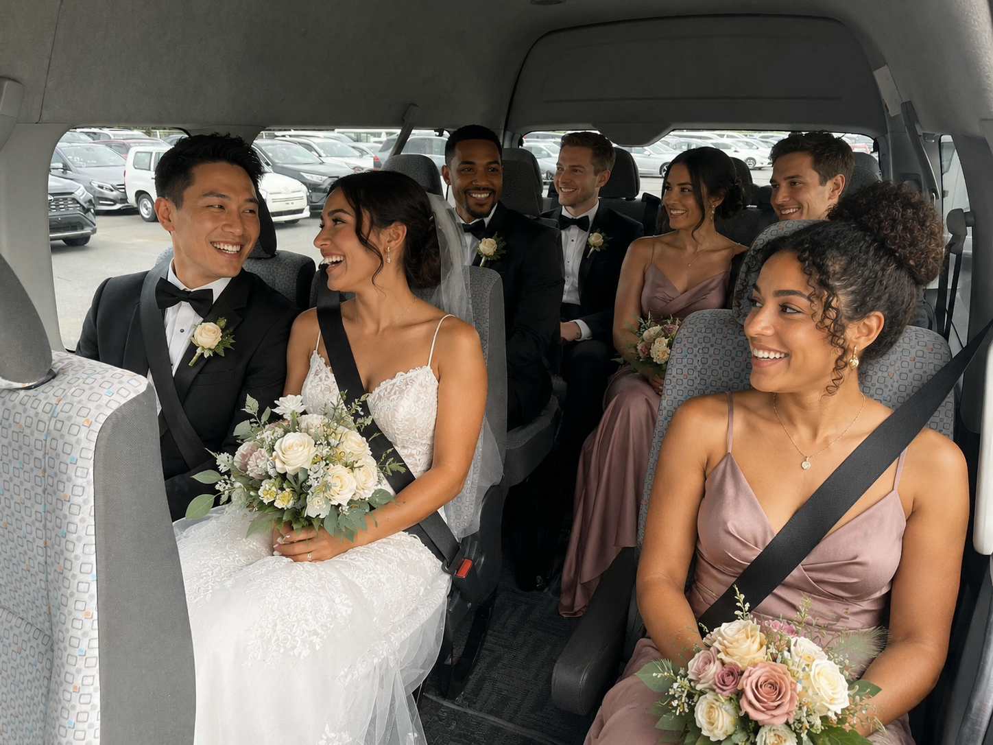 A bridal party riding together in a Silver City Transport shuttle